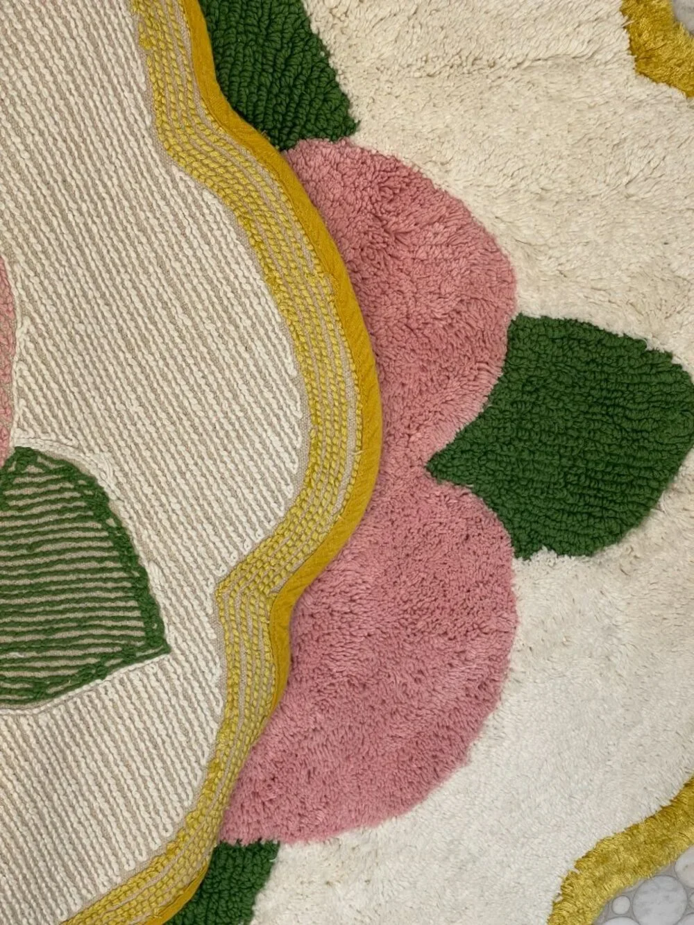 Anthropologie Floral Scalloped Cotton Bath Mat NWT Pink Green Mustard